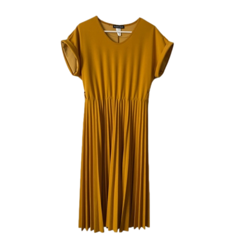 Elizabeth & Nicole Short Sleeve Pleated Skirt Midi Dress in Mustard Yellow XL